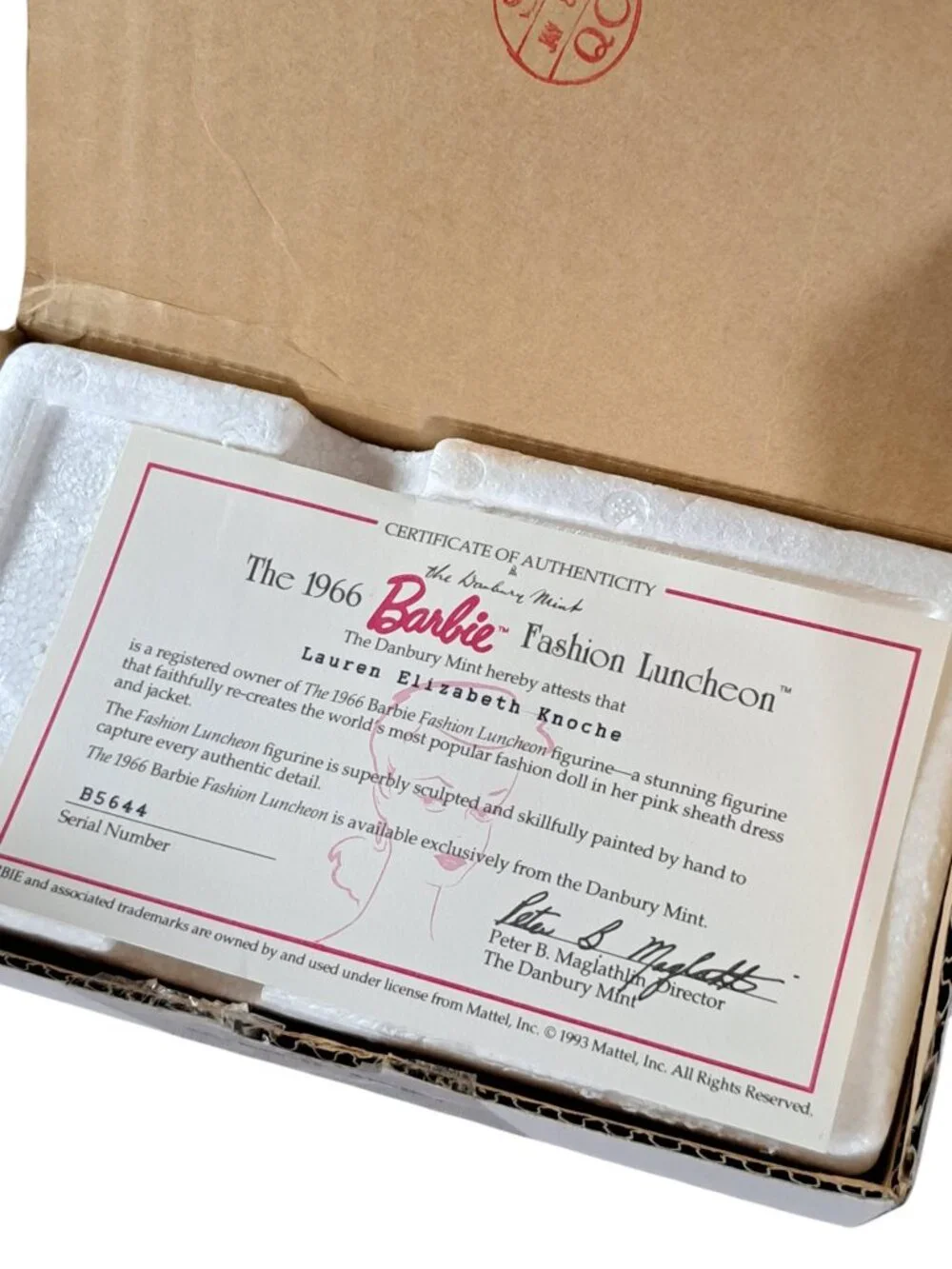 Danbury Mint - 1966 Barbie Fashion Luncheon Figure with stand and Certificate